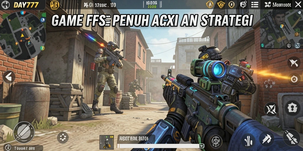 Screenshot utama DAY777 menampilkan pertempuran seru dalam gameplay FPS.
