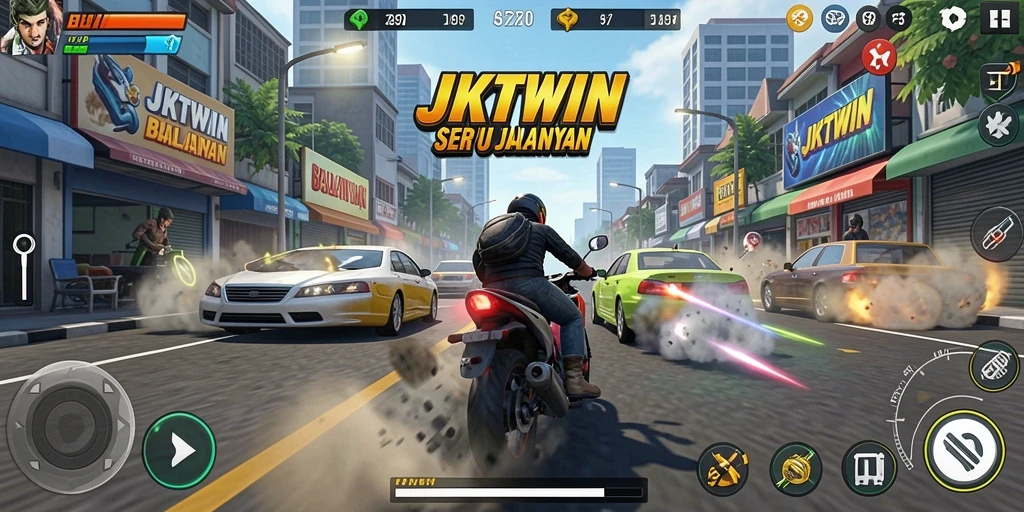Gameplay JKTWIN yang mendebarkan dengan mobil balap di jalanan.