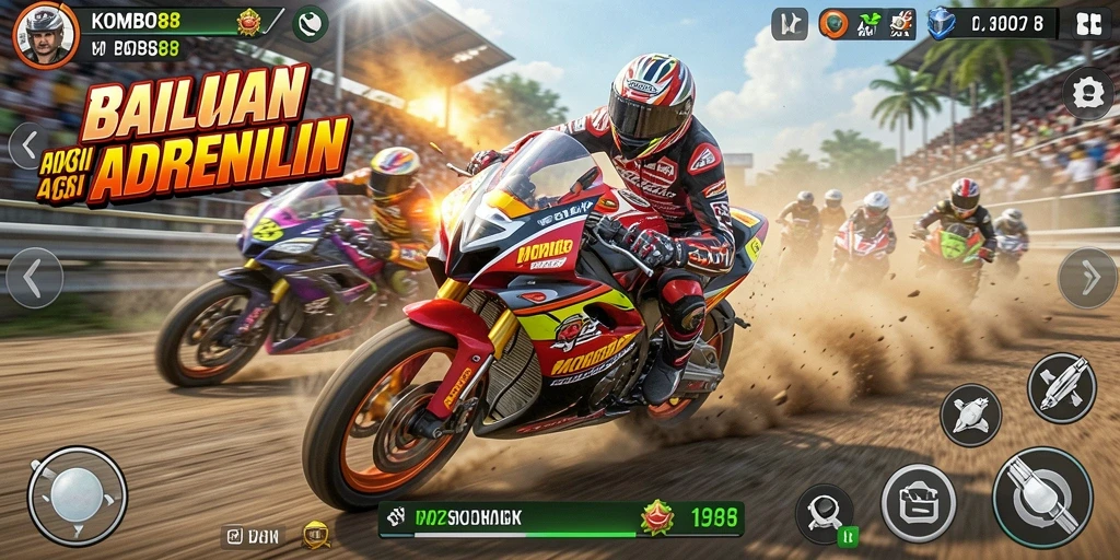 Tampilan gameplay balap motor yang seru dan mendebarkan.