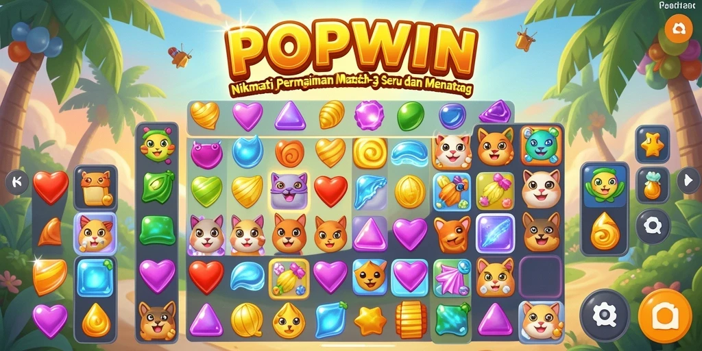 Screenshot menunjukkan gameplay Match-3 yang seru dengan berbagai buah berwarna.